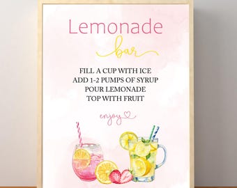 Lemonade Bar Sign, Pink Birthday Party Drink Station Decorations, Menu Instructions, Wedding, Baby Shower, Instant Download Printable