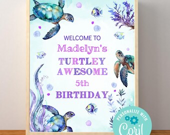 Turtle Birthday Party Welcome Sign, Turtle Under the Sea Decorations, Ocean Theme Pool Party, Corjl Editable Template, Printable Download