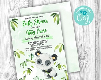 May include: A green and white baby shower invitation with a panda bear illustration. The invitation reads "Please join us for a Baby Shower honoring Abby Moore. Saturday, May 24th at 4:00. The Carter Residence, 1771 Lakeland Lane, Arlington, VA. Registered at Target and Amazon. RSVP KellyKSmith2SPemail.com"