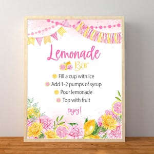 Placa de bar de limonada, decoração de mesa de bebidas para festa de aniversário com limão cítrico, instruções de cardápio para barraca de limonada rosa, download instantâneo para impressão