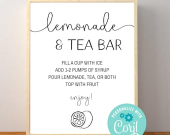 Editable Lemonade and Tea Bar Sign, Drink Bar, Beverage Station, Non-Alcoholic Bar, Birthday, Corjl Editable Template, Printable Download