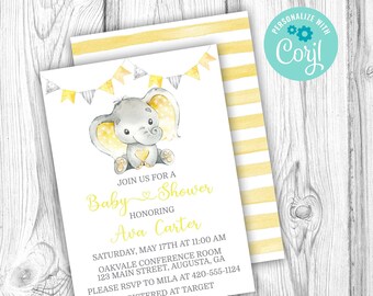 Elephant Baby Shower Invitation, Elephant Invitation, Yellow Baby Shower, Corjl Editable Template, Banner, Instant Download Printable