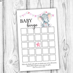 Juego de bingo para baby shower con elefante rosa, tarjetas de bingo con elefante en blanco, decoraciones para baby shower con elefante rosa para niña, descarga instantánea imprimible
