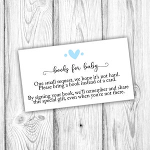 Boeken voor babykaart, boeken voor baby-uitnodiging invoegen, neem een boek mee in plaats van een kaart, babybibliotheekpas met blauw hart, afdrukbaar
