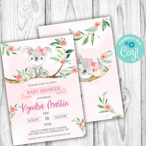 Koala Bear Baby Shower Invitation, Girl Pink Koala Editable Baby Shower Invitation, Corjl Editable Template, Instant Download Printable