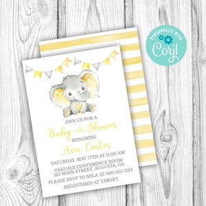 Elephant Baby Shower Invitation, Elephant Invitation, Yellow Baby Shower, Corjl Editable Template, Banner, Instant Download Printable