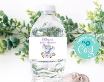 May include: Water bottle label with a purple and gray elephant illustration and the text "Katherine's Baby Shower".
