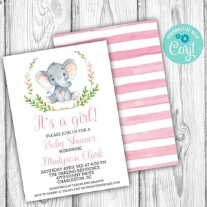 Pink Elephant Baby Shower Invitation, Floral Elephant Invitation, Editable Invitation, Corjl Editable Template, Instant Download Printable