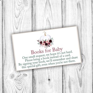 Bloemenpompoenboeken voor babykaart uitnodiging invoegen, neem een boek mee in plaats van een kaart, witte pompoen, roze, instant download afdrukbaar
