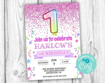 Girl 1st Birthday Party Invitation, Girls First Birthday Editable Invitation, Corjl Editable Template, 5x7 inch, Instant Download Printable