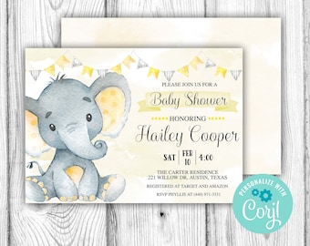 Yellow Elephant Baby Shower Editable Invitation, Gender Neutral Elephant Invitation, Corjl Editable Template, Instant Download Printable