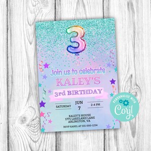 Girls 3rd Birthday Party Invitation, Girl Third Birthday Editable Invitation, Corjl Editable Template, 5x7 inch, Instant Download Printable