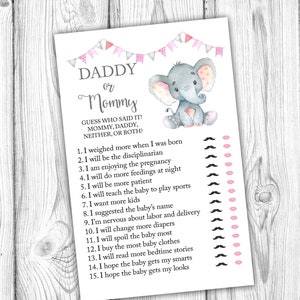 Daddy or Mommy Baby Shower Game, Elephant Who Said It, Pink Elephant Baby Shower, Elephant Baby Shower Game, Instant Download Printable