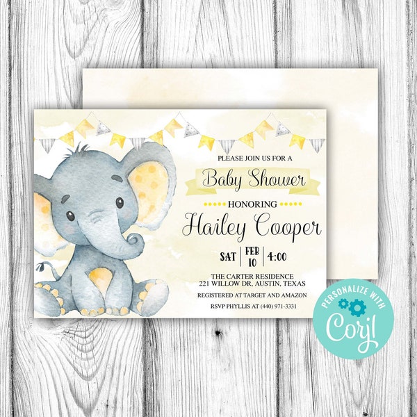 Yellow Elephant Baby Shower Editable Invitation, Gender Neutral Elephant Invitation, Corjl Editable Template, Instant Download Printable