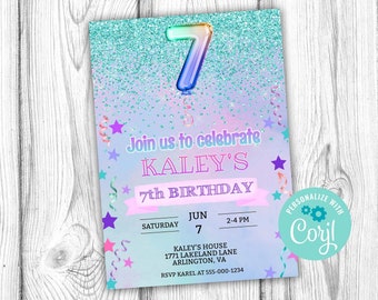 Meisjes 7e verjaardagsfeest uitnodiging, meisje zevende verjaardag bewerkbare uitnodiging, Corjl bewerkbare sjabloon, 5 x 7, Instant Download afdrukbare