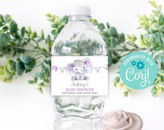 May include: Water bottle label with a purple and gray elephant illustration. The label says "Aubrey's Baby Shower" and "Saturday, May 20th, 2021".