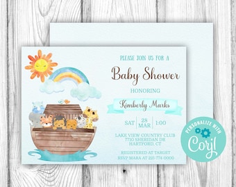 May include: A blue and white baby shower invitation with a watercolor illustration of a rainbow, sun, and animals on a boat. The text reads "Please join us for a Baby Shower honoring Kimberly Marks, Sat 28 Mar 1:00, Lake View Country Club, 7710 Sheridan Dr, Hartford, CT, Registered at Target, RSVP Mara at 221-774-0000, Personalize with Coril".