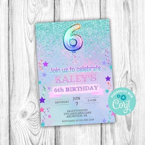 Girls 6th Birthday Party Invitation, Girl Sixth Birthday Editable Invitation, Corjl Editable Template, 5x7 inch, Instant Download Printable