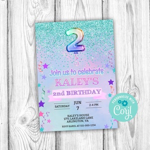 Girls 2nd Birthday Party Invitation, Girl Second Birthday Editable Invitation, Corjl Editable Template, 5x7 inch, Instant Download Printable