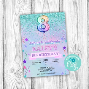 Girls 8th Birthday Party Invitation, Girl Eighth Birthday Editable Invitation, Corjl Editable Template, 5x7 inch, Instant Download Printable