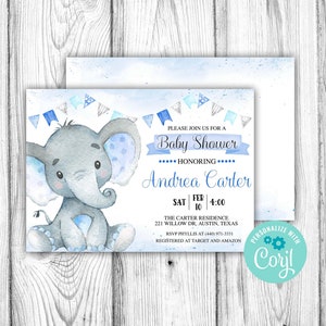 Elefant Baby Shower Einladung, Junge Blau Elefant Bearbeitbare Einladung, Corjl Bearbeitbare Vorlage, Digitaler Download druckbar