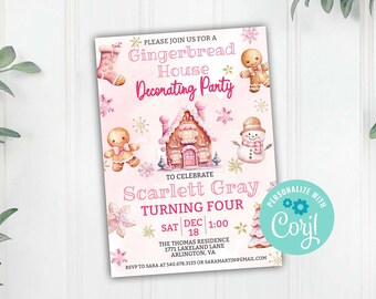 May include: Pink and gold gingerbread house decorating party invitation with a gingerbread house, gingerbread people, and a snowman. The invitation says "Please join us for a Gingerbread House Decorating Party to celebrate Scarlett Gray turning four. Sat Dec 18 1:00. The Thomas Residence 1771 Lakeland Lane Arlington, VA. RSVP to Sara at 540.678.3133 or saramartindemail.com."