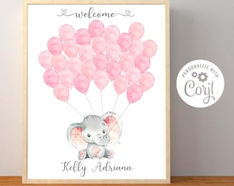 Pink Elephant Baby Shower Balloon Guest Book Sign, Editable Girl Elephant Guestbook Sign Corjl Editable Template, Instant Download Printable
