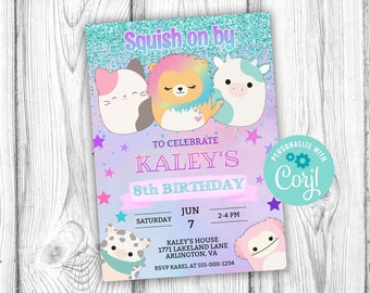 Squish Birthday Party Invitation, Girl Squishy Animal Editable Invitation, Corjl Editable Template, 5x7 inch, Instant Download Printable