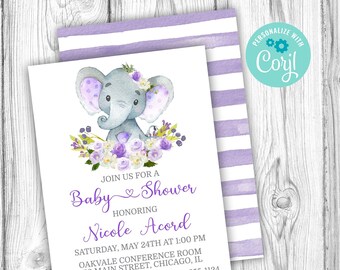 May include: Purple and white baby shower invitation with a watercolor illustration of a gray elephant with purple flowers. The text reads "Join us for a Baby Shower Honoring Nicole Acord Saturday, May 24th at 1:00 PM Oakvale Conference Room 123 Main Street, Chicago, IL Please RSVP to Mila at 420-555-1124 Registered at Target"