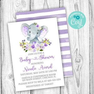 Elephant Baby Shower Invitation, Girl Elephant Invitation, Editable Invitation, Corjl Editable Template, Purple, Instant Download Printable