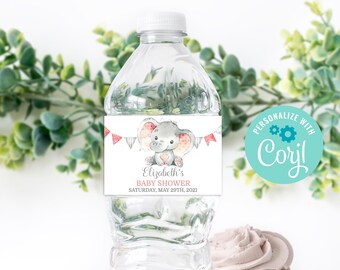 Puede incluir: Etiqueta de botella de agua con un lindo elefante de dibujos animados con acentos rosados y grises. La etiqueta dice "Baby Shower de Elizabeth Sábado, 20 de mayo de 2021".