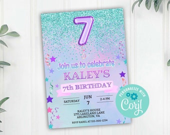 Meisjes 7e verjaardag uitnodiging voor feest, bewerkbare meisje zevende verjaardagsuitnodiging, Corjl bewerkbare sjabloon, 5x7, afdrukbare download