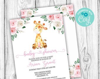 Giraffe Baby Shower Invitation, Floral Giraffe Invitation, Editable Invitation, Corjl Editable Template, Pink, Instant Download Printable