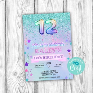 Girls 12th Birthday Party Invitation, Girl Twelfth Birthday Editable Invitation, Corjl Editable Template, 5x7, Instant Download Printable