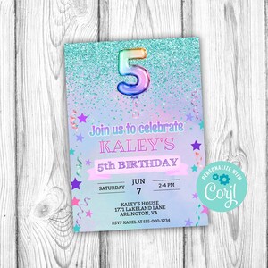 Girls 5th Birthday Party Invitation, Girl Fifth Birthday Editable Invitation, Corjl Editable Template, 5x7 inch, Instant Download Printable