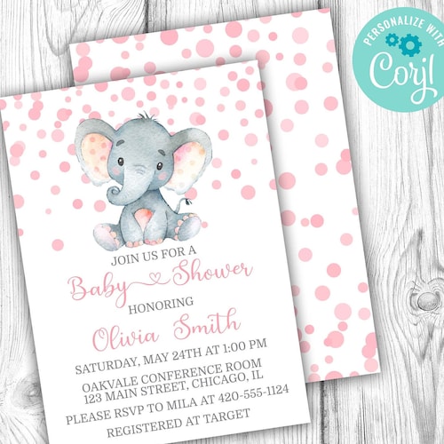 Elephant Baby Shower Invitation Pink Girl Jungle Flowers Etsy