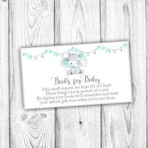 Mintgroene olifantenboeken voor babykaart, mint genderneutrale babyshower, neem een boek mee in plaats van een kaart, direct afdrukbare download