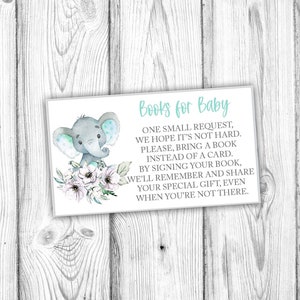 Mint olifant boeken voor babykaart, mintgroen genderneutraal babyshower, breng een boek mee in plaats van een kaart, Instant Download afdrukbare
