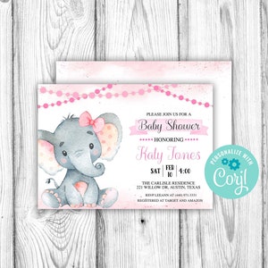 Chica elefante rosa bebé ducha invitación, chica elefante Editable 7x5 invitación, plantilla Editable Corjl, descarga instantánea imprimible