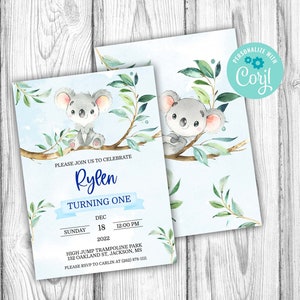 Koala Bear Birthday Party Invitation, Boy Blue Koala Editable Invitation, Corjl Editable Template, 5x7 inch, Instant Download Printable