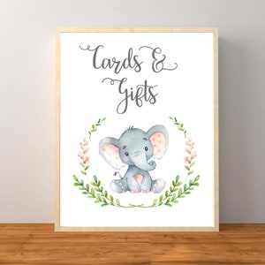 Letrero de tarjetas y regalos, letrero de tarjetas y regalos con forma de elefante, baby shower de niña con elefante, libros para bebé elefante, baby shower rosa, imprimible
