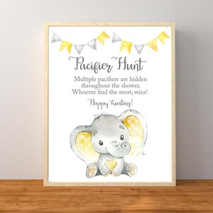 Juego de búsqueda de chupetes de elefante, letrero de búsqueda de chupetes, baby shower de elefante amarillo, baby shower de género neutro, descarga instantánea imprimible