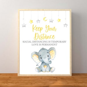 Baby Shower Social Distance Sign, Elephant Baby Shower sign, Yellow and Gray Elephant Baby Shower, Gender Neutral Baby Shower, Printable