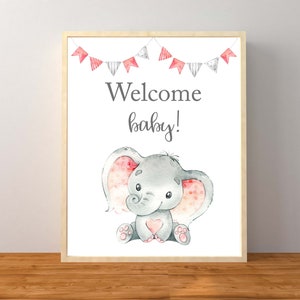 Elephant Welcome Baby Sign, Pink Girl Elephant Baby Shower Decorations, Pink and Gray Elephant Tabletop Sign, Instant Download Printable