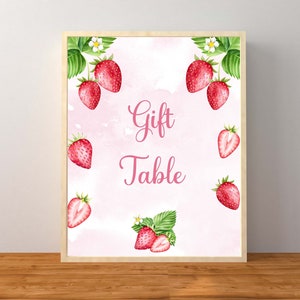 Enseigne de table cadeau fraise, décorations de baby shower aux fraises, enseignes de table de fête d'anniversaire fraise rouge, téléchargement immédiat imprimable