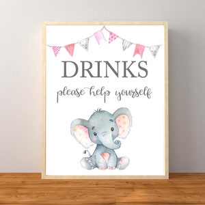 Pink Elephant Drinks Sign, Pink Elephant Baby Shower Decorations, Girl Elephant Food and Drinks Tabletop Sign, Instant Download Printable