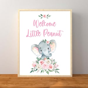 Letrero de bienvenida con forma de elefante rosa y maní, decoraciones para baby shower con forma de elefante rosa, baby shower con flores rosas para niña, descarga instantánea e imprimible