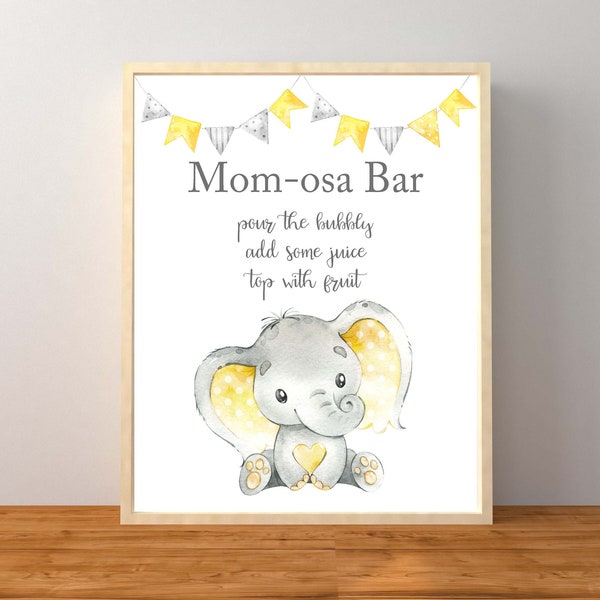 Mom-osa Bar sign, Momosa Bar Elephant Sign, Yellow Elephant Baby Shower, Gender Neutral Baby Shower, Mimosa Sign, Instant Download Printable