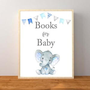 Livros de elefante azul para placa de mesa de bebê, decorações de chá de bebê de elefante azul, livros em vez de cartões, download instantâneo para impressão
