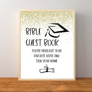 Enseigne de livre d&#39;or de la Bible de remise des diplômes, remise des diplômes, décorations de remise des diplômes, verset biblique en surbrillance et signe, téléchargement immédiat imprimable